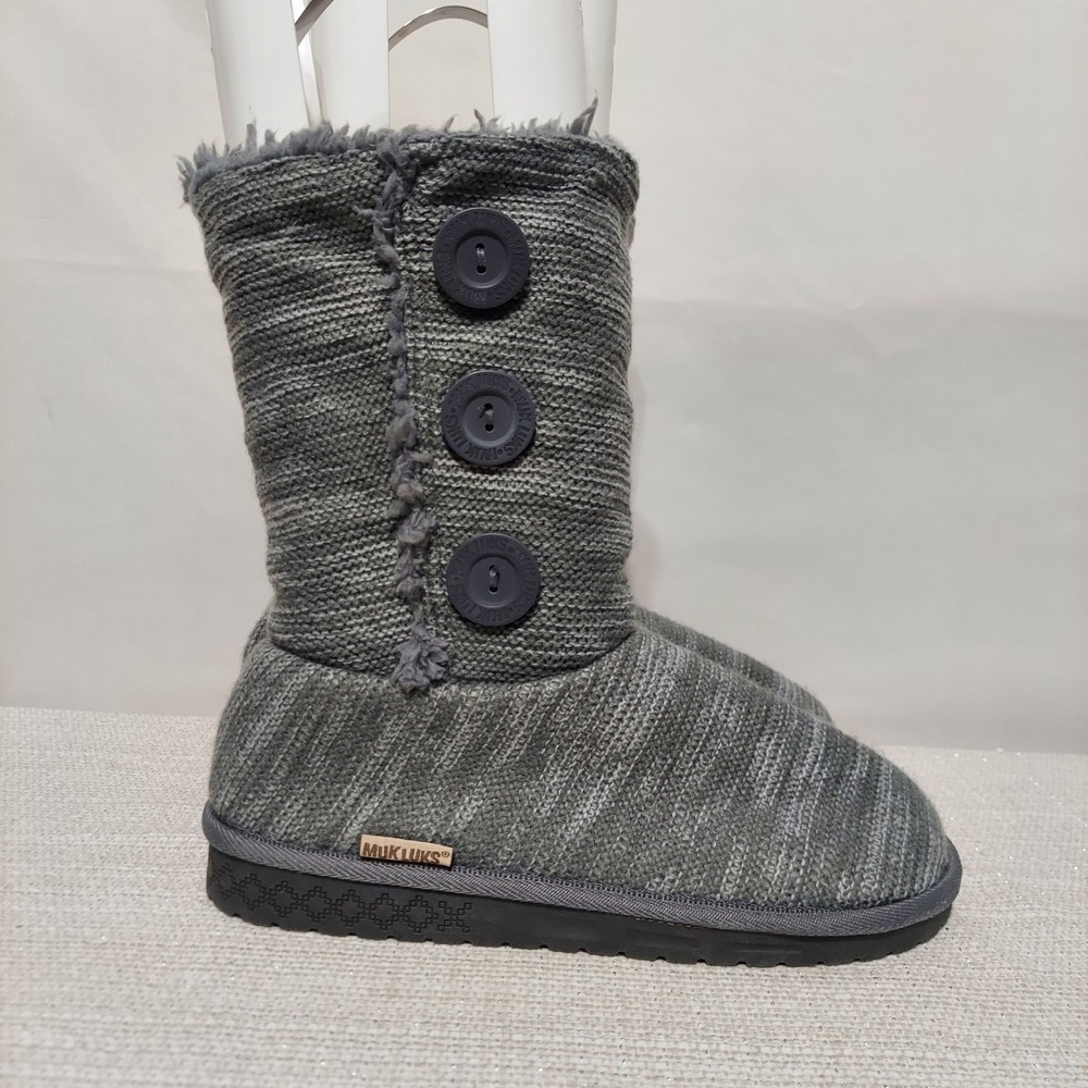 MUK‎ LUKS BOOTS Size 9 Original Womens KNIT UPPER 3-BUTTON LIGHT GREY